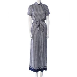 Navy Patterned Short-Sleeve Tie-Waist Jumpsuit